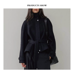 Женское повседневное зимнее пальто ручной работы с мехом альпаки, двусторонний короткий шерстяной тканевый экологически чистый пояс с застежкой на пуговицах - Product Image 2