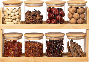 Étagère à épices en bambou à 2 niveaux avec 8 bocaux en verre de 12 oz, ensemble d'organisateurs pour comptoir de cuisine - Product Image 4