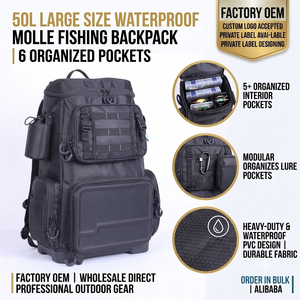 Wholesale OEM 50L Large Capacity Waterproof Fishing <b>Backpack</b> 420D PVC Heavy Duty Outdoor Tackle Bag With Rigid Bottom & 6 Pocket - Product Image 1