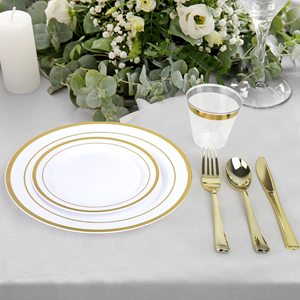 Ensemble de vaisselle jetable haut de gamme 150 pièces avec bord doré, assiettes blanches robustes, couverts et gobelets dorés pour mariage et événements en gros - Product Image 3