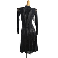 Robe de compétition de danse latine pour femmes, noire, à manches longues, avec franges en strass