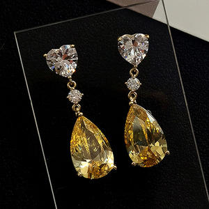 Boucles d'oreilles élégantes en forme de cœur, cristal de citrine jaune, plaqué or 18 carats, bijoux romantiques pour femmes, pour mariage - Product Image 3