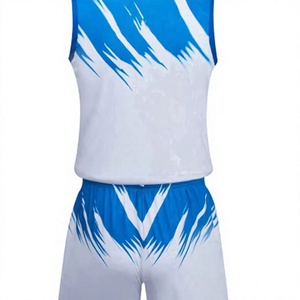 Conjunto de Camiseta de Baloncesto Sublimada Azul y Blanca para Hombre, Transpirable, 100% Poliéster, Cuello en V, Sin Mangas, con Pantalones Cortos con Cordón para Absorber la Humedad - Product Image 4