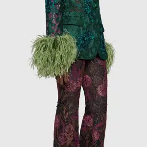 Custom Manufacturer Women Floral Applique Lace Elegant Blazer Wholesale High Quality Jacket With Ostrich Feather Cuffs