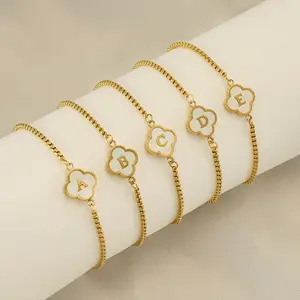 SL23111 Ajustável Non Tarnish 18K Banhado A Ouro Aço Inoxidável Shell Four Leaf Clover Letter Bracelet Para As Mulheres