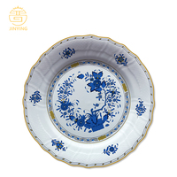Service de table de luxe en porcelaine fine avec motif floral bleu et or véritable, ensemble d'assiettes opulentes pour mariage