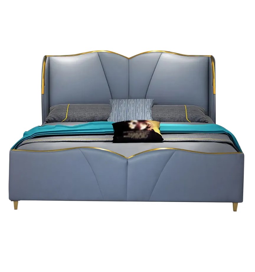 Blue queen faux leather upholstered bed frame low profile platform bed