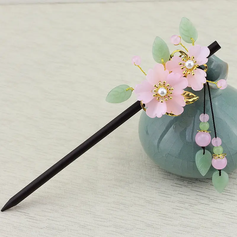 Handmade Wood Hairpin Hair Sticks Womens Flower Bead Tassel Hairpin Accessories Chinese Style