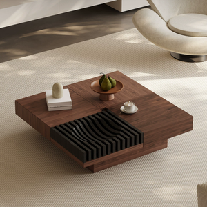 Tavolino da Caffè Minimalista Italiano in Legno Massello, Tavolo Centrale Stile Mid-century Wabi-Sabi con Vano Portaoggetti per Soggiorno, Tavolino in Marmo - Product Image 1