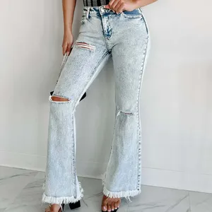 J&H Hot Sale Summer Fashion Women Denim Pants Ripped Mom Fit High Street Wear Solid Flared Jeans