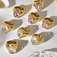Anillo de Moda de Acero Inoxidable con Incrustaciones de Circonita Rosa en Forma de Lágrima, Anillo de Banda Ancha Pulido, Joyería para Uso Diario, Talla 7