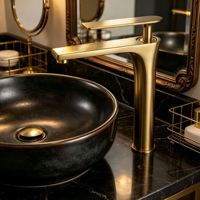 Robinet de lavabo sur pied doré - Robinet de salle de bain monocommande en laiton massif, design moderne à arc élevé pour lavabo sur comptoir, style contemporain