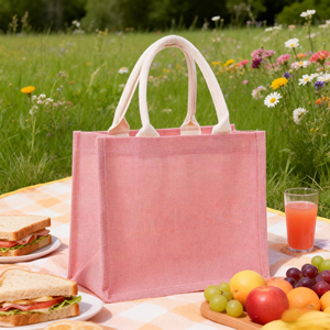Borsa Tote in Iuta Rosa con Logo Personalizzato, Borsa per Shopping in Lino per Abbigliamento, Souvenir per Matrimoni e Regali - Product Image 4