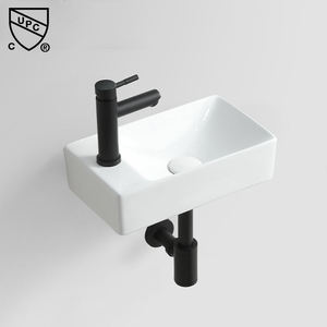 Vente flash : lavabo mural rectangulaire blanc en céramique moderne de petite taille pour hôtel avec étagère à serviettes - Product Image 1