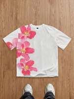 T-shirt pour homme à imprimé floral blanc, manches courtes, col rond, coupe classique, jersey en coton respirant, design décontracté