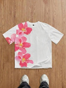 เสื้อยืดผู้ชายสีขาวลายดอกไม้ แขนสั้น คอกลม ทรงปกติ สวมใส่สบาย ผ้าเจอร์ซีย์คอตตอน ระบายอากาศได้ดี - Product Image 2