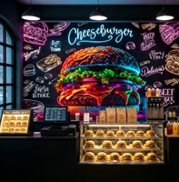 Papier peint autocollant style tableau noir pour restaurant de restauration rapide, thème cheeseburger, décoration murale pour burger shop