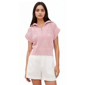 Gilet en tricot personnalisé pour femme – Doux, élégant, style coréen, tendance, pour usage quotidien, avec fermeture éclair, manches courtes, idéal pour l'été - Product Image 6