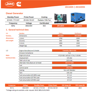 JDC22D5フォーカミンズ20 KVA 3相発電機400Vディーゼルエンジン4B3.9- G11病院用 - Product Image 6