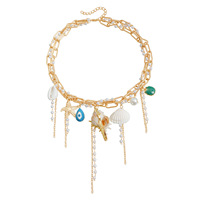 Collier ras du cou en alliage de bambou tressé avec perles, étoiles de mer et pampilles pour femme