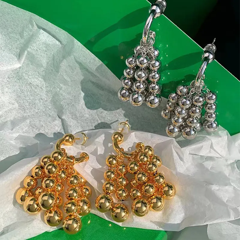 Kaimei Fashion Jewelry Luxury 24k Real Gold Brass Metal Unique Golden Grape String Tassel Earrings Copper Hoop Chunky Earrings