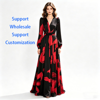 Robe longue élégante noire et rouge à imprimé floral avec col en V et manches longues, idéale pour les soirées formelles et le quotidien, sur mesure