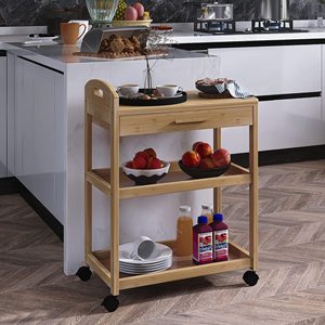 Chariot îlot de cuisine <span class=keywords><strong>sur</strong></span> roues avec tiroir de rangement et étagères, support de service utilitaire roulant à 3 niveaux en bambou avec support solide - Product Image 2