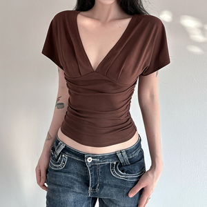 Camiseta Sexy con Escote en V Profundo, Plisada, de Manga Corta, Color Sólido, Básica, Ajustada a la Cintura, con Espalda Descubierta y Lazos - Product Image 6