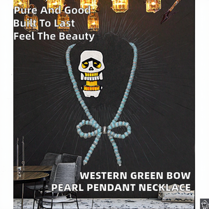ヴィンテージ風ウェスタンハンドメイド亜鉛合金アンティークシルバーメッキターコイズナバホパールビーズボウペンダントネックレス - Product Image 2