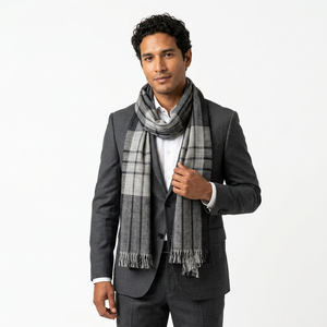 Lightweight Fine Merino Wool Designer Hand Loom Woven Dobby Checkered Long Length Scarf Shawl Soft Cozy Neck Wrap Fringes Men's - Product Image 2
