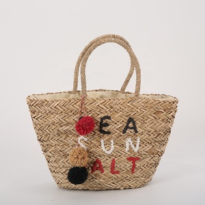 Straw Basket Bag with Letter and Yarn Ball