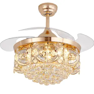 Lámpara colgante de lujo con control remoto para el hogar, ventilador de techo de cristal moderno con luz LED dorada