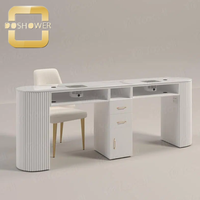 Mesa de Manicura Doble de Madera Pintada con Lámpara de Ventilación, Superficie de Vidrio y Mármol, Personalizada para Spa, Muebles de Salón de Belleza, Mayorista