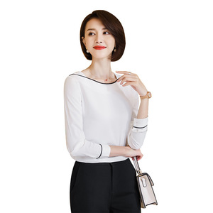 White Long Sleeve Blouse Women Office Wear Contrast Color Splicing Anti-Wrinkle Professional Top Fashionable Trendy Cross-border - Product Image 5