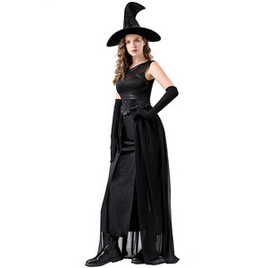 Disfraz de bruja para mujer, vestido largo negro con sombrero y guantes, traje de Cosplay para fiesta de Halloween, disfraz Sexy para escenario - Product Image 3