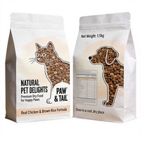 Sachets biodégradables en papier kraft personnalisés à huit soudures latérales, avec fond plat et fenêtre transparente, pour l'emballage d'aliments pour animaux de compagnie (chiens et chats)