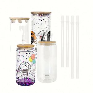 Stock entrepôt Gobelets en verre transparent à double paroi pour sublimation, 16oz et 25oz, vierges pour DIY globe de neige, avec couvercle en bambou et paille - Product Image 1