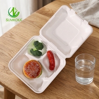 SUMKOKA Boîte à lunch en bagasse de canne à sucre biodégradable à 3 compartiments, sans PFAS, compatible micro-ondes, type clamshell, vente chaude