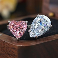 Nouvel ensemble de bagues en forme de goutte d'amour à double pierre en zircon rose contrastant, serties de diamants à haute teneur en carbone, bijoux ouverts