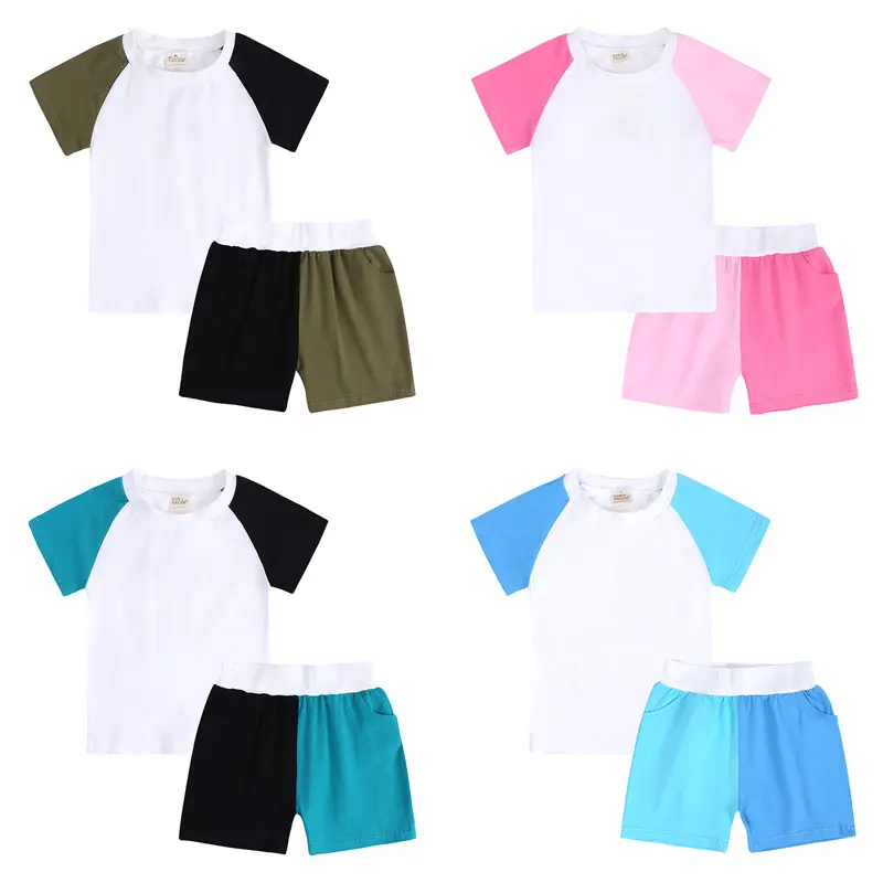 2pcs Children Pajamas Sets Contrast Color Short Raglan Sleeve Block Shirt Tops + Shorts Kids Boys Girls Tracksuits Clothes Set