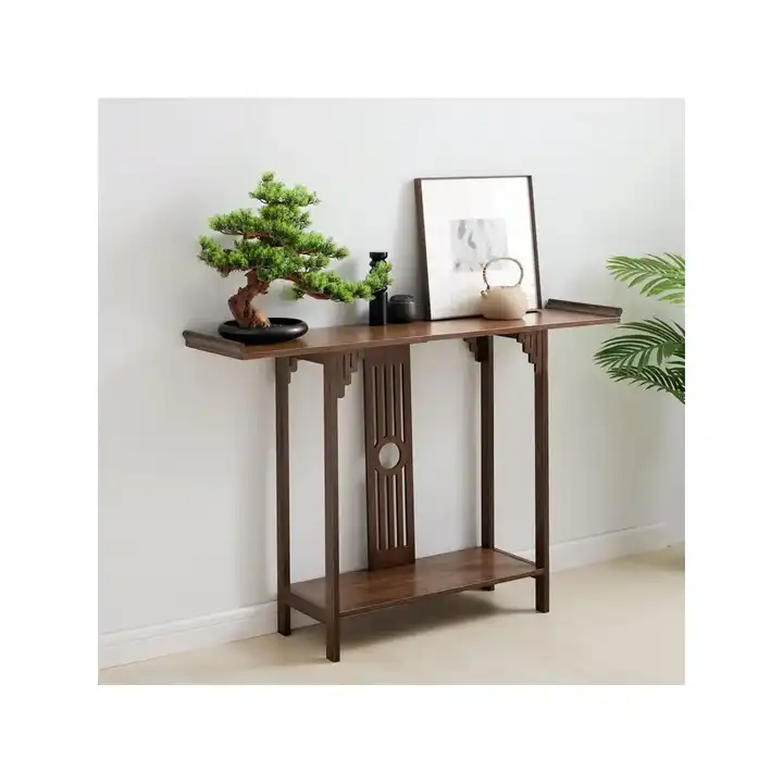 Walnut-Colored Double Layer Entrance Table 102*29*83cm Bamboo Material No Drawer