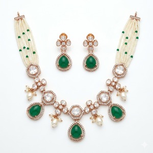 Elegant Green Stone 925 Silver Pearl <b>Necklace</b> Set Rose Gold Bridal Jewelry with Earrings for Diamond Accents for Women Jewelry - Product Image 2