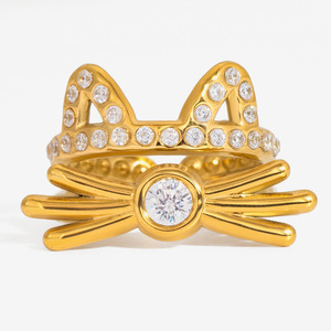<b>Cat</b> Shape Gold Plated Rhinestone <b>Ring</b> For Women Animal Zodiac Jewelry Gift - Product Image 1