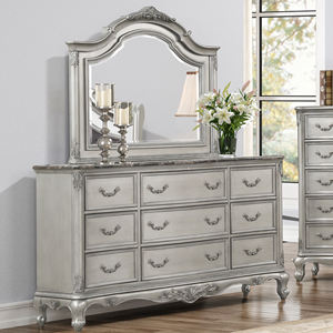 Cómoda de 5 cajones con tiradores ornamentados y adornos tallados, estilo Provincial Francés, color plata - Product Image 2