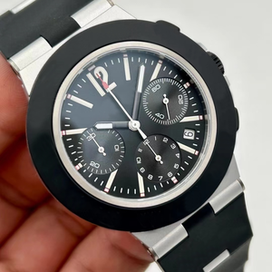 Bold Cushion <b>Case</b> Dual Time Zone Chronograph Automatic <b>Watch</b> Black Dial Rubber Strap Water Resistant - Product Image 6