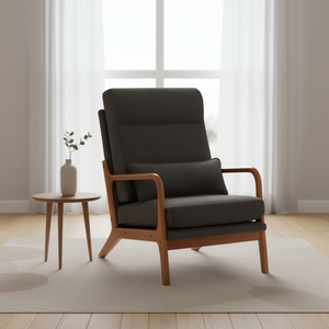 Sillón de Madera Maciza con Respaldo Alto, Tapicería de Lino Gris Oscuro, Estilo Moderno de Mediados de Siglo, para Sala de Estar - Product Image 2