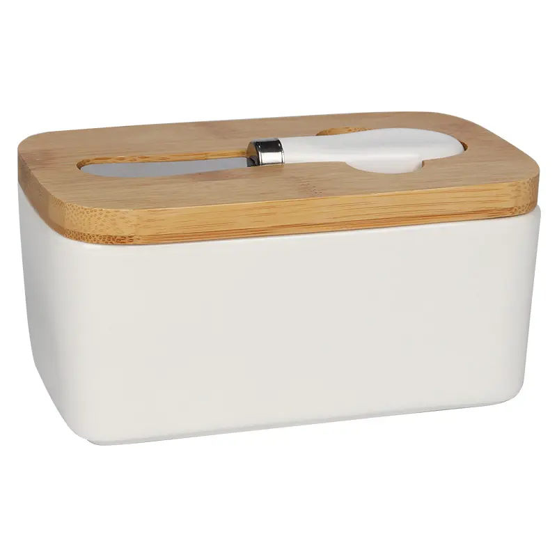 Customized Butter Container Keeper Butter Box Bamboo lid Ceramic Butter Dish with Knife