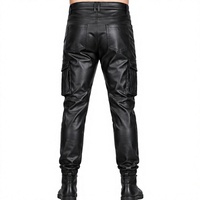 Pantalon cargo en cuir pour homme, coupe slim, avec genoux côtelés, style motard, brodé, vintage, imperméable, personnalisé, noir, vente en gros