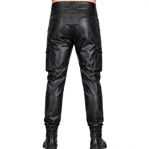 Wholesale Mens Leather Cargo Pants Ribbed Knee Slim Fit Motorcycle Biker Trousers Custom Black Faux Genuine Leather Joggers Men - Product Image 5