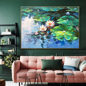 Quadro Decorativo per Soggiorno, Regalo, Dipinto a Mano 100% con Olio su Tela, Laghetto di Loto Dorato con Fiori di Loto Verdi - Product Image 3